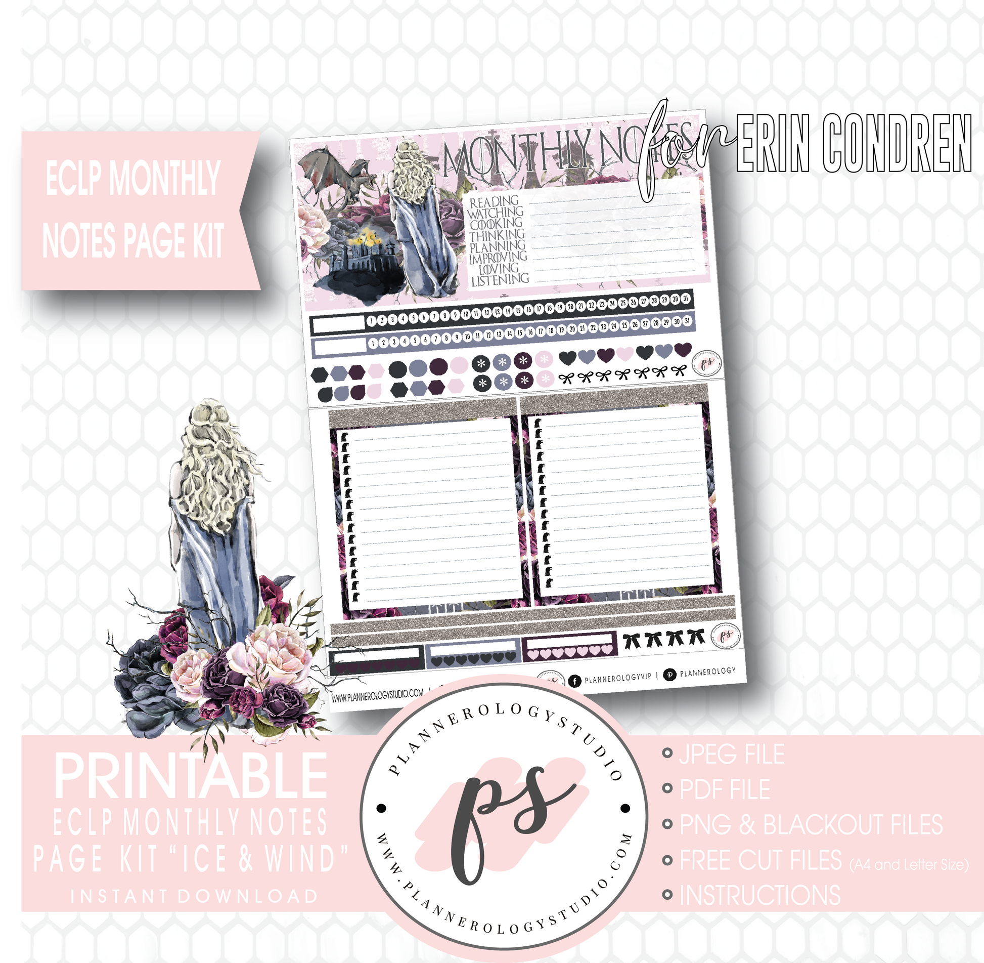 Ice & Wind (Game of Thrones) Monthly Notes Page Kit Digital Printable Planner Stickers (for use with Erin Condren) - Plannerologystudio
