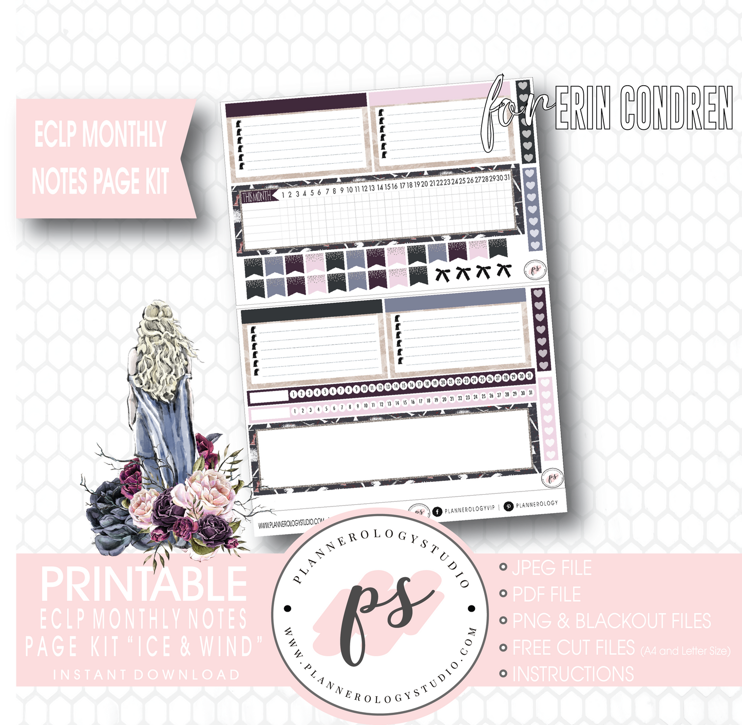 Ice & Wind (Game of Thrones) Monthly Notes Page Kit Digital Printable Planner Stickers (for use with Erin Condren) - Plannerologystudio