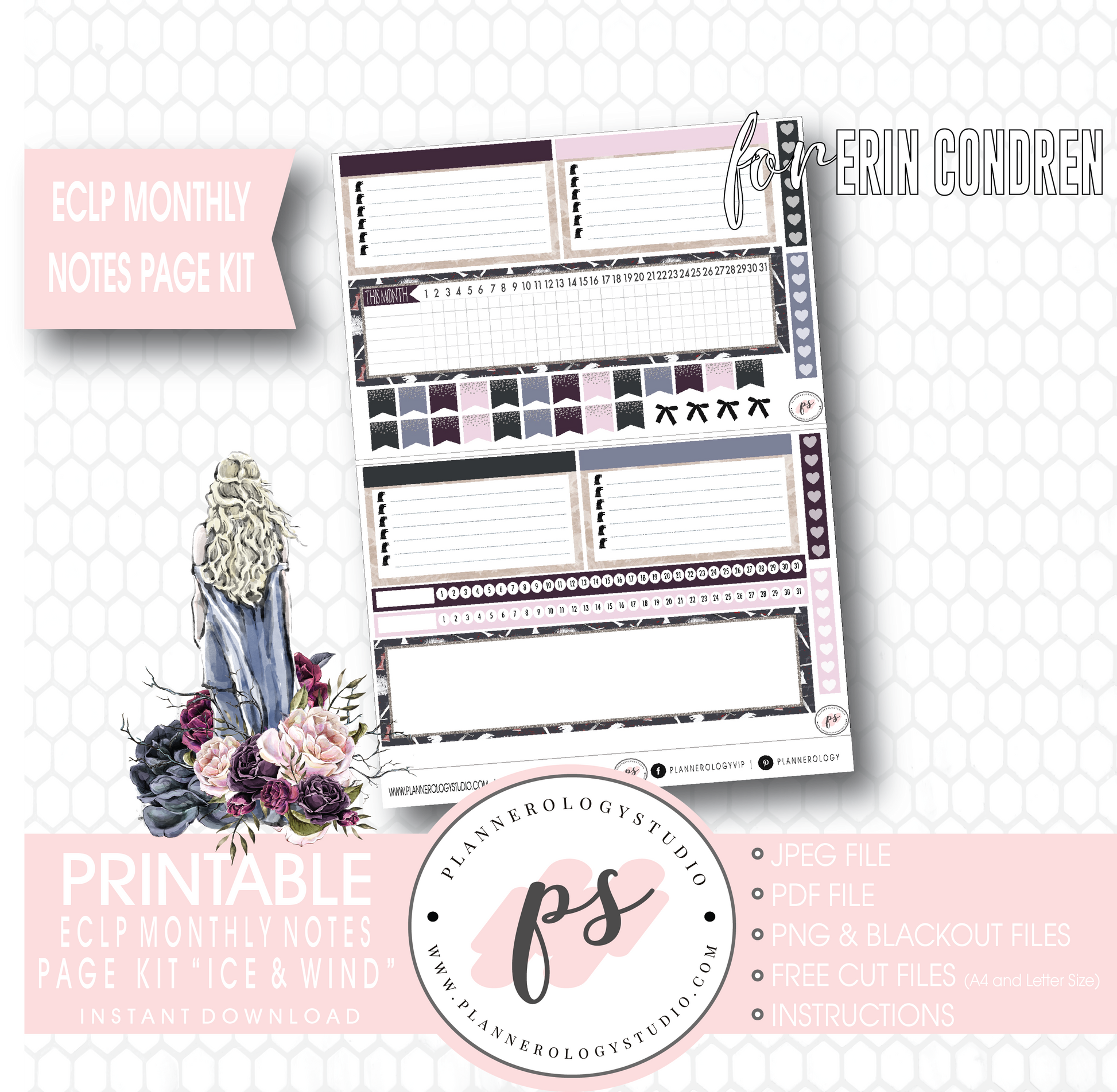 Ice & Wind (Game of Thrones) Monthly Notes Page Kit Digital Printable Planner Stickers (for use with Erin Condren) - Plannerologystudio