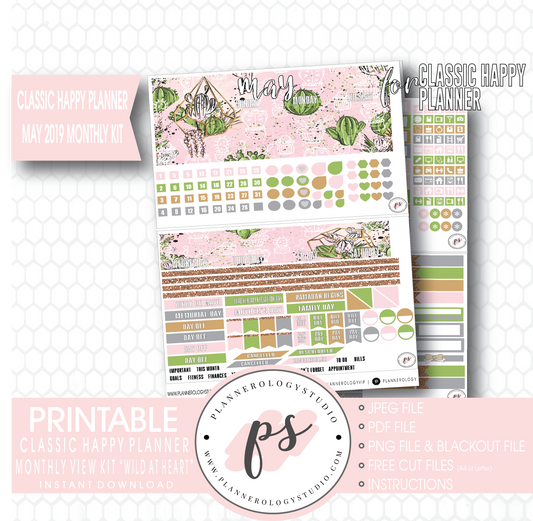 Wild At Heart May 2019 Monthly View Kit Digital Printable Planner Stickers (for use with Classic Happy Planner) - Plannerologystudio