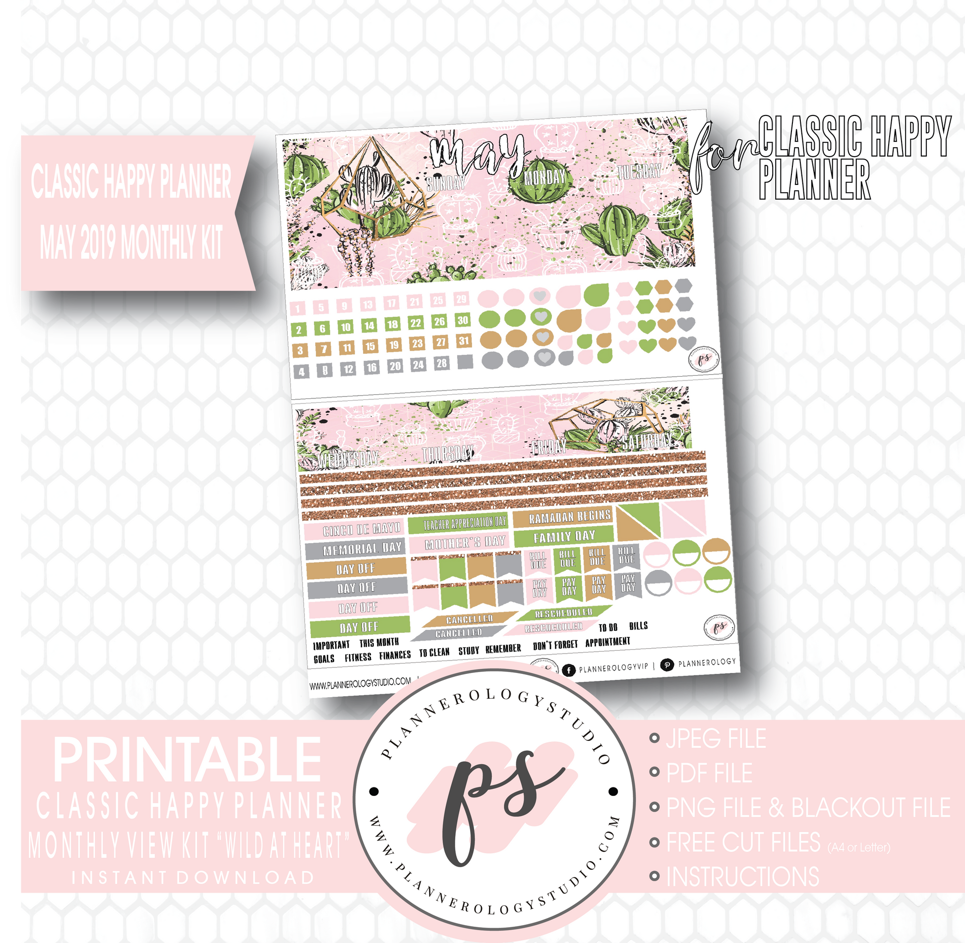 Wild At Heart May 2019 Monthly View Kit Digital Printable Planner Stickers (for use with Classic Happy Planner) - Plannerologystudio