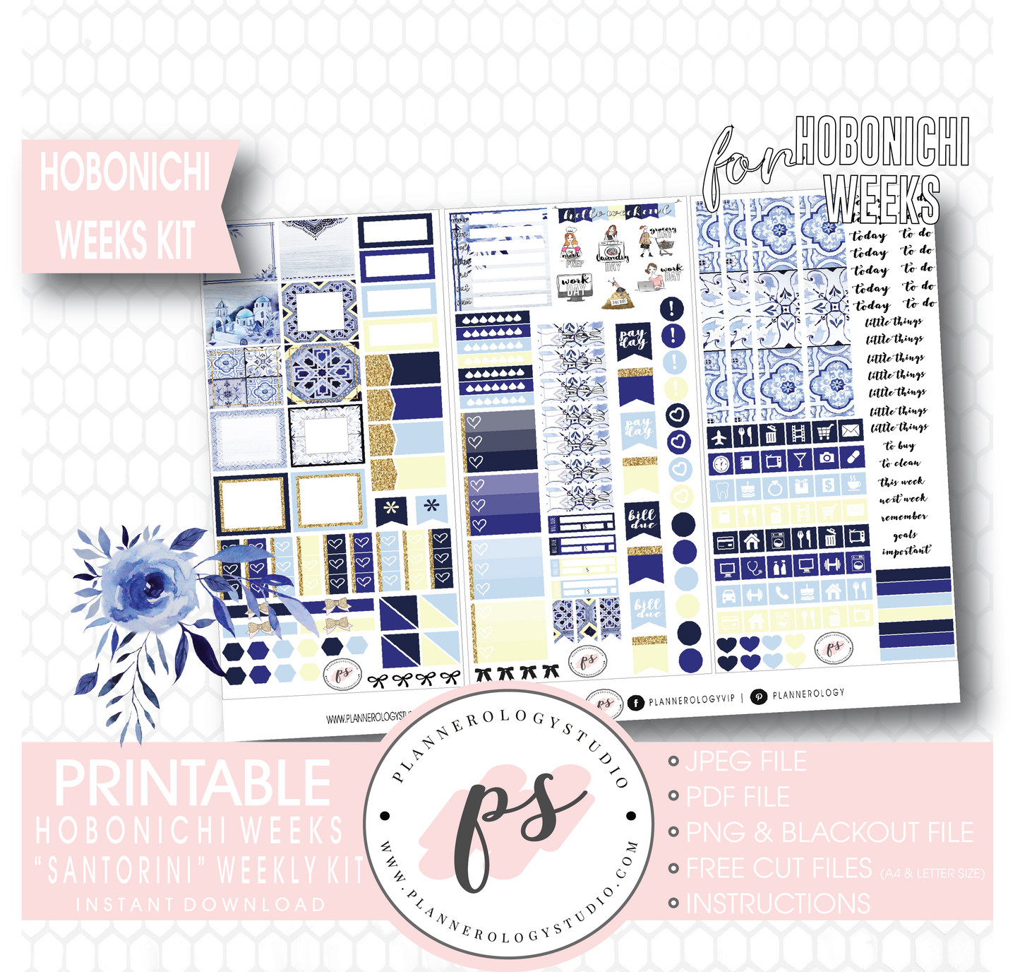Santorini Weekly Kit Printable Digital Planner Stickers (for use with Hobonichi Weeks) - Plannerologystudio