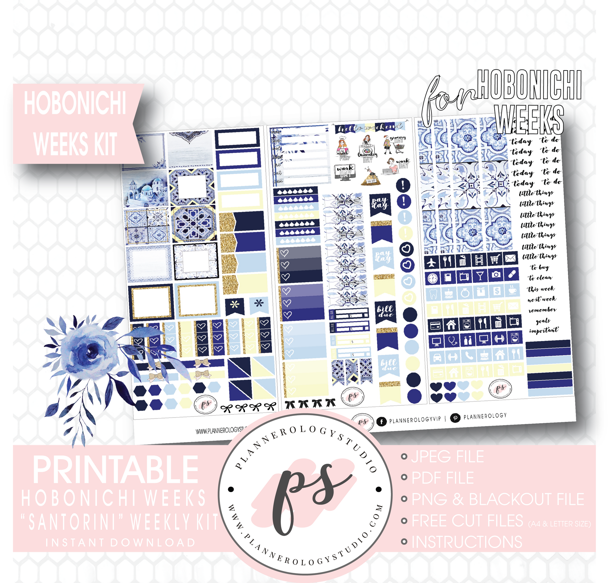 Santorini Weekly Kit Printable Digital Planner Stickers (for use with Hobonichi Weeks) - Plannerologystudio