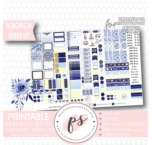 Santorini Weekly Kit Printable Digital Planner Stickers (for use with Hobonichi Weeks) - Plannerologystudio