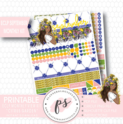 "Citrus Garden" (Dark Skin Tone) September 2017 Monthly View Kit Printable Planner Stickers (for use with ECLP) - Plannerologystudio