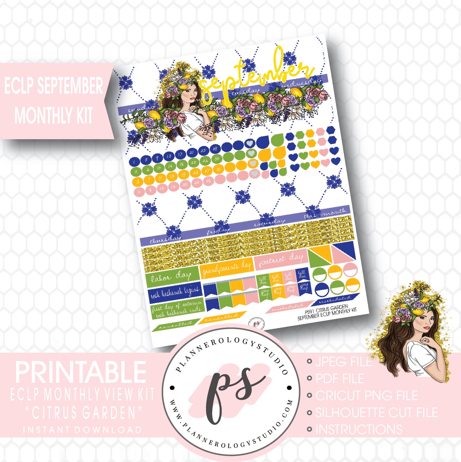"Citrus Garden" September 2017 Monthly View Kit Printable Planner Stickers (for use with ECLP) - Plannerologystudio