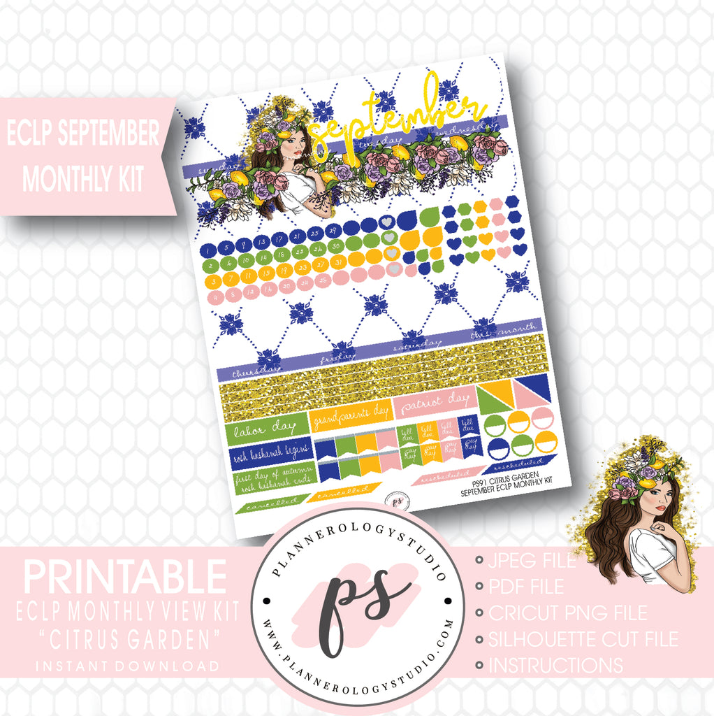 "Citrus Garden" September 2017 Monthly View Kit Printable Planner Stickers (for use with ECLP) - Plannerologystudio