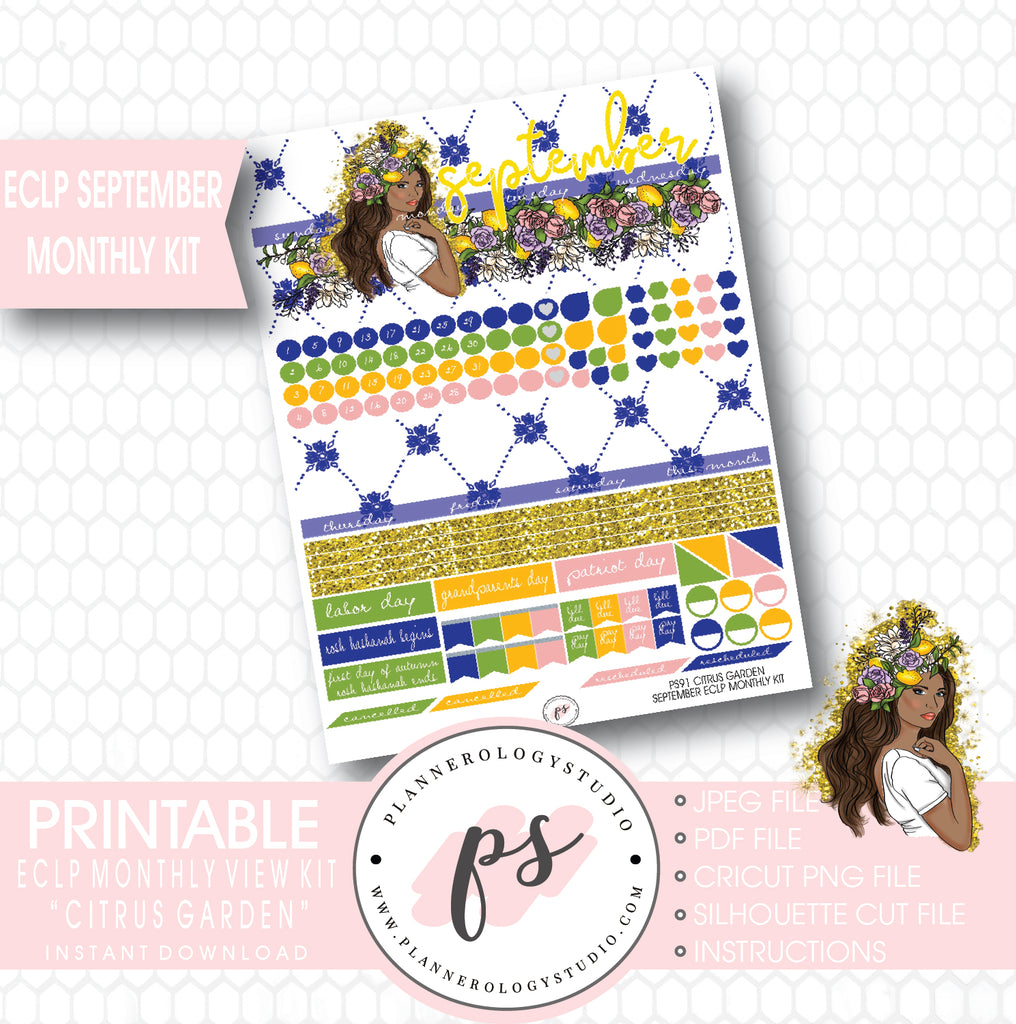 "Citrus Garden" (Dark Skin Tone) September 2017 Monthly View Kit Printable Planner Stickers (for use with ECLP) - Plannerologystudio