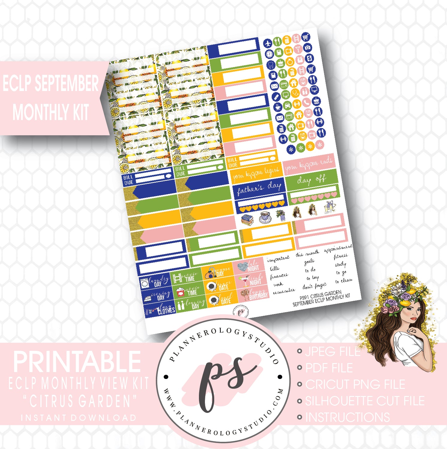 "Citrus Garden" September 2017 Monthly View Kit Printable Planner Stickers (for use with ECLP) - Plannerologystudio