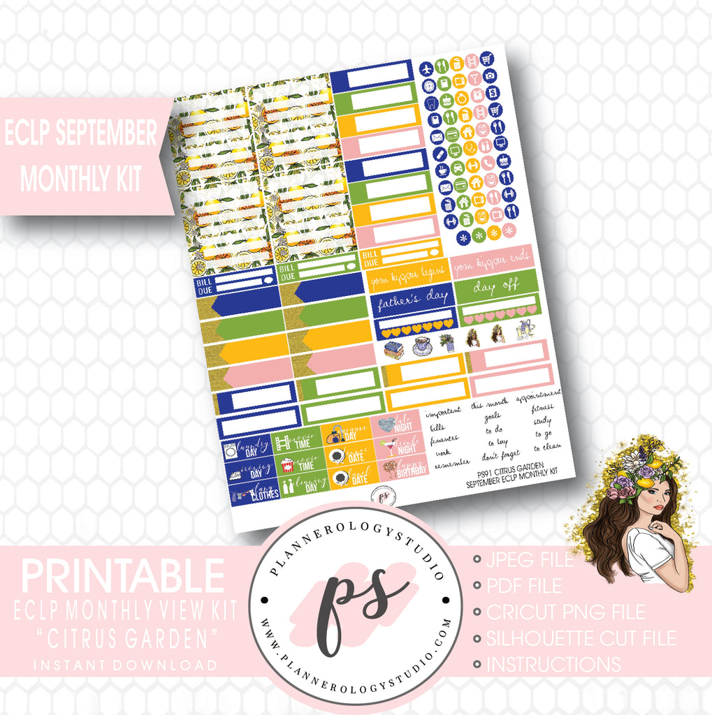 "Citrus Garden" September 2017 Monthly View Kit Printable Planner Stickers (for use with ECLP) - Plannerologystudio