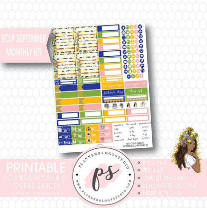 "Citrus Garden" (Dark Skin Tone) September 2017 Monthly View Kit Printable Planner Stickers (for use with ECLP) - Plannerologystudio