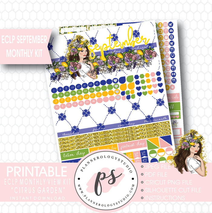 "Citrus Garden" September 2017 Monthly View Kit Printable Planner Stickers (for use with ECLP) - Plannerologystudio