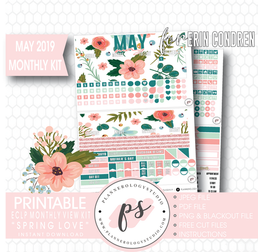 Spring Love May 2019 Monthly View Kit Digital Printable Planner Stickers (for use with Erin Condren) - Plannerologystudio