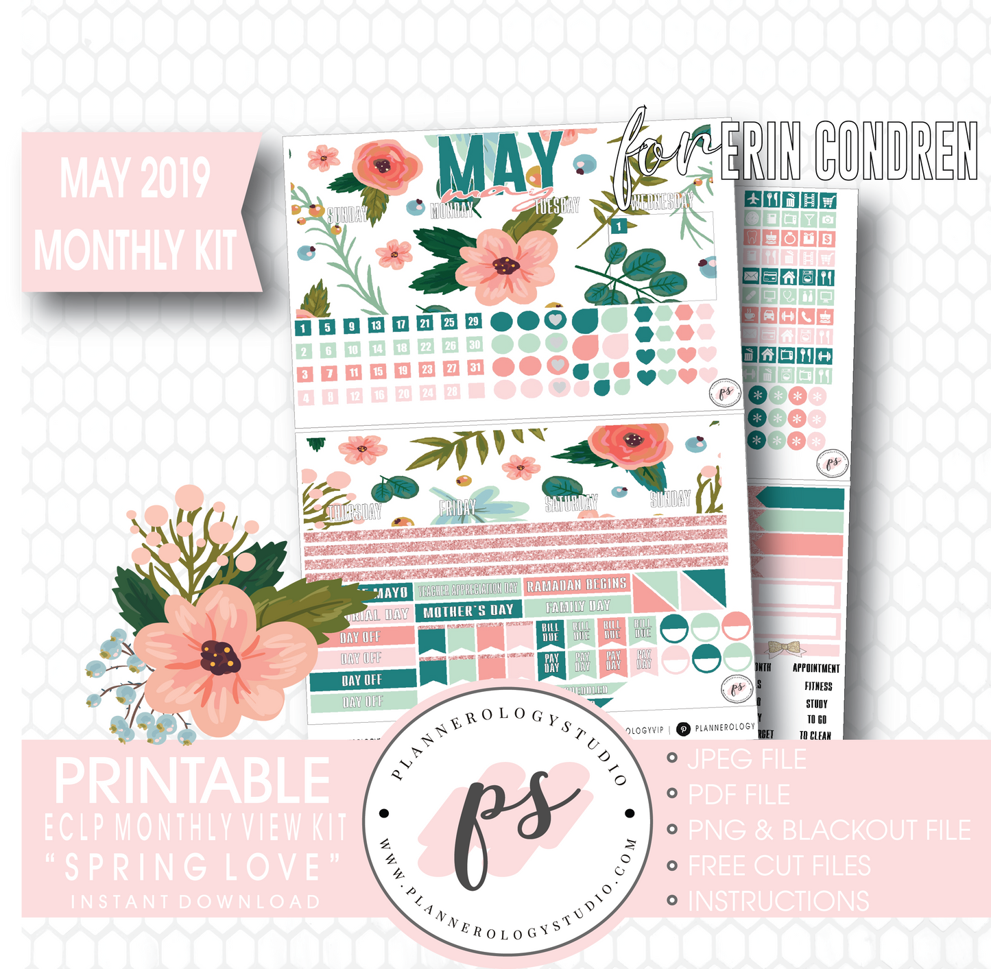 Spring Love May 2019 Monthly View Kit Digital Printable Planner Stickers (for use with Erin Condren) - Plannerologystudio