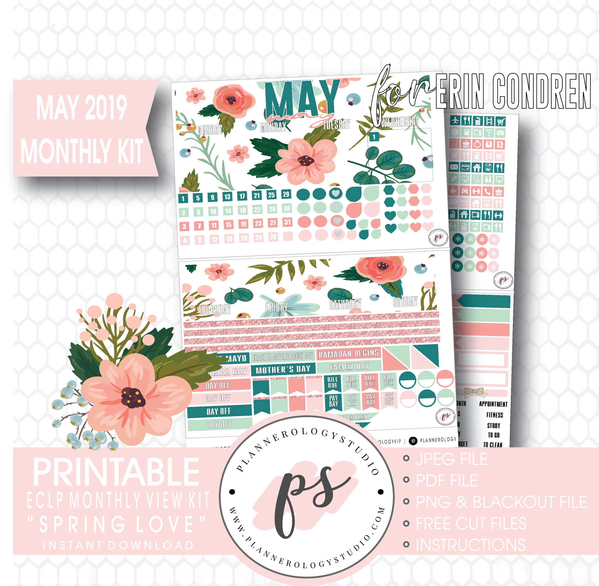 Spring Love May 2019 Monthly View Kit Digital Printable Planner Stickers (for use with Erin Condren) - Plannerologystudio