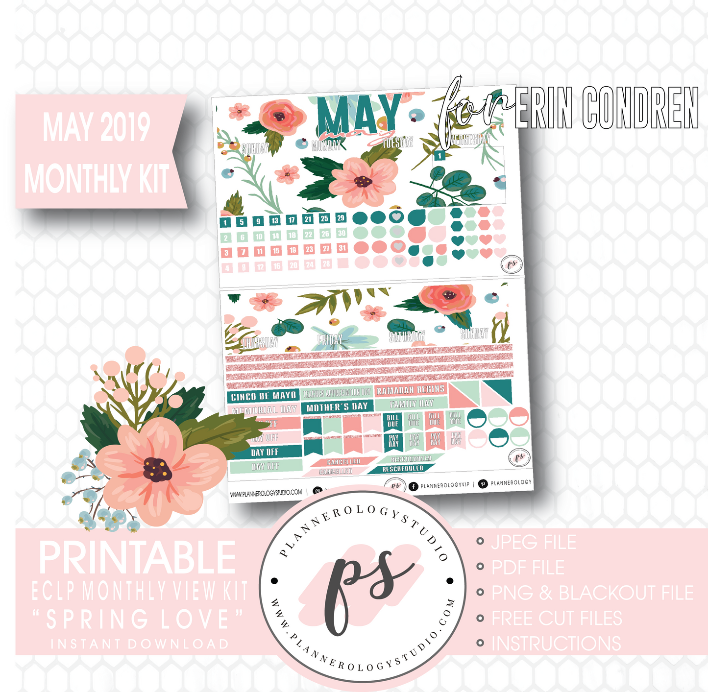 Spring Love May 2019 Monthly View Kit Digital Printable Planner Stickers (for use with Erin Condren) - Plannerologystudio