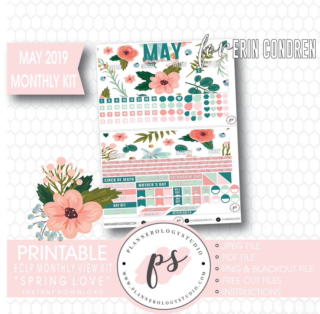 Spring Love May 2019 Monthly View Kit Digital Printable Planner Stickers (for use with Erin Condren) - Plannerologystudio