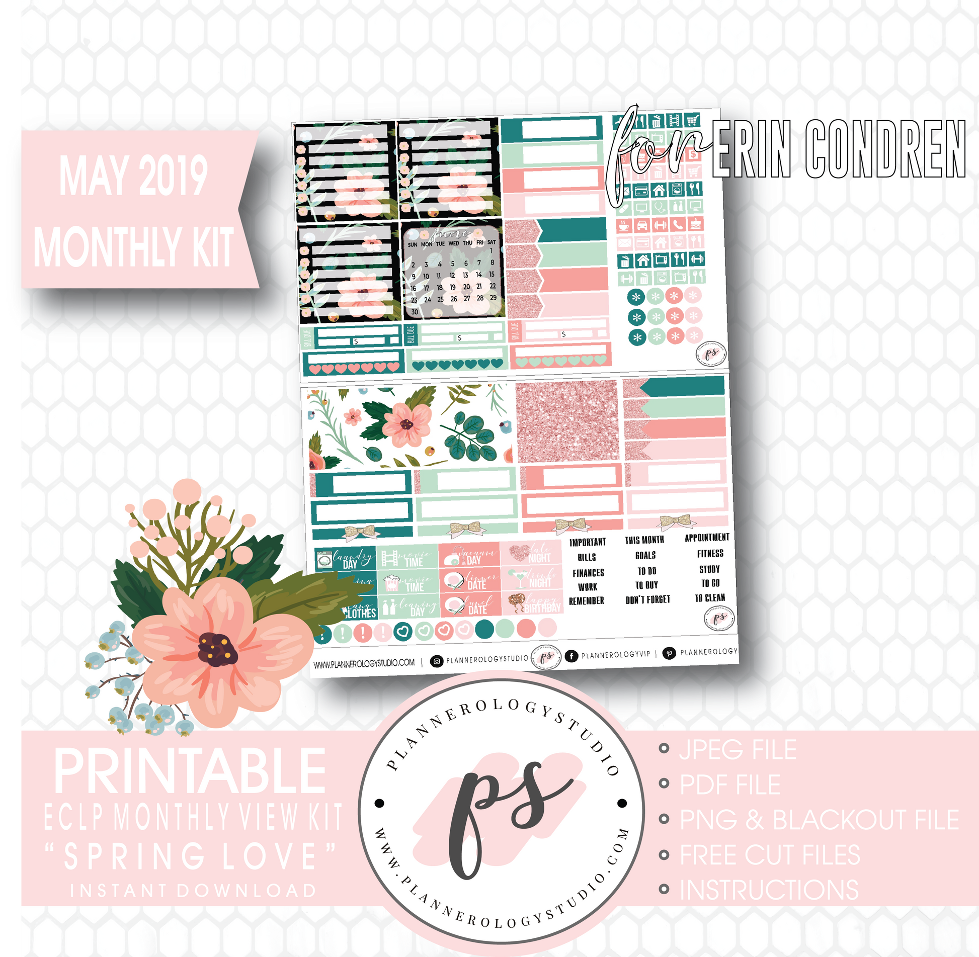Spring Love May 2019 Monthly View Kit Digital Printable Planner Stickers (for use with Erin Condren) - Plannerologystudio