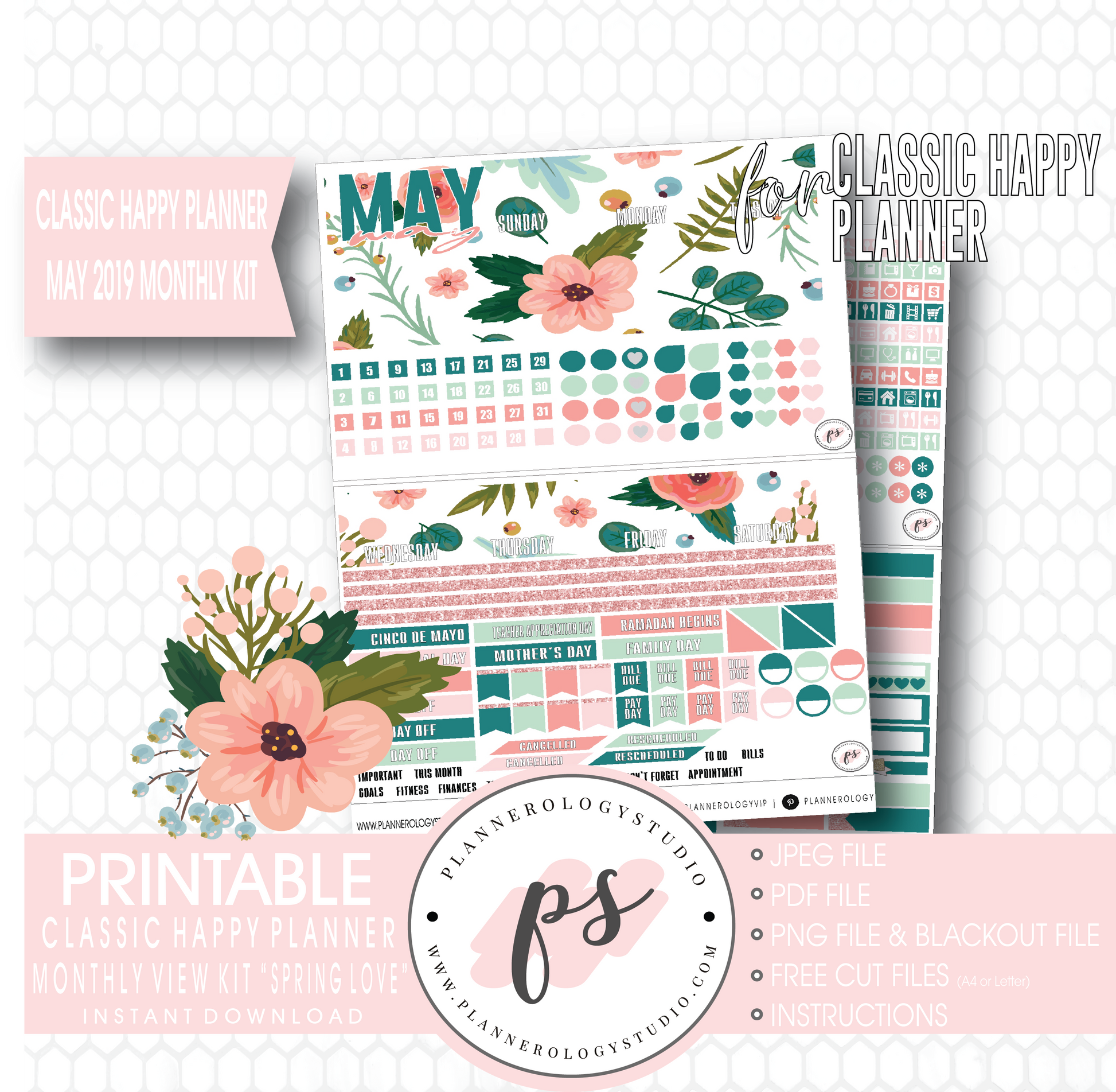 Spring Love May 2019 Monthly View Kit Digital Printable Planner Stickers (for use with Classic Happy Planner) - Plannerologystudio