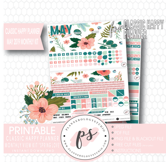 Spring Love May 2019 Monthly View Kit Digital Printable Planner Stickers (for use with Classic Happy Planner) - Plannerologystudio