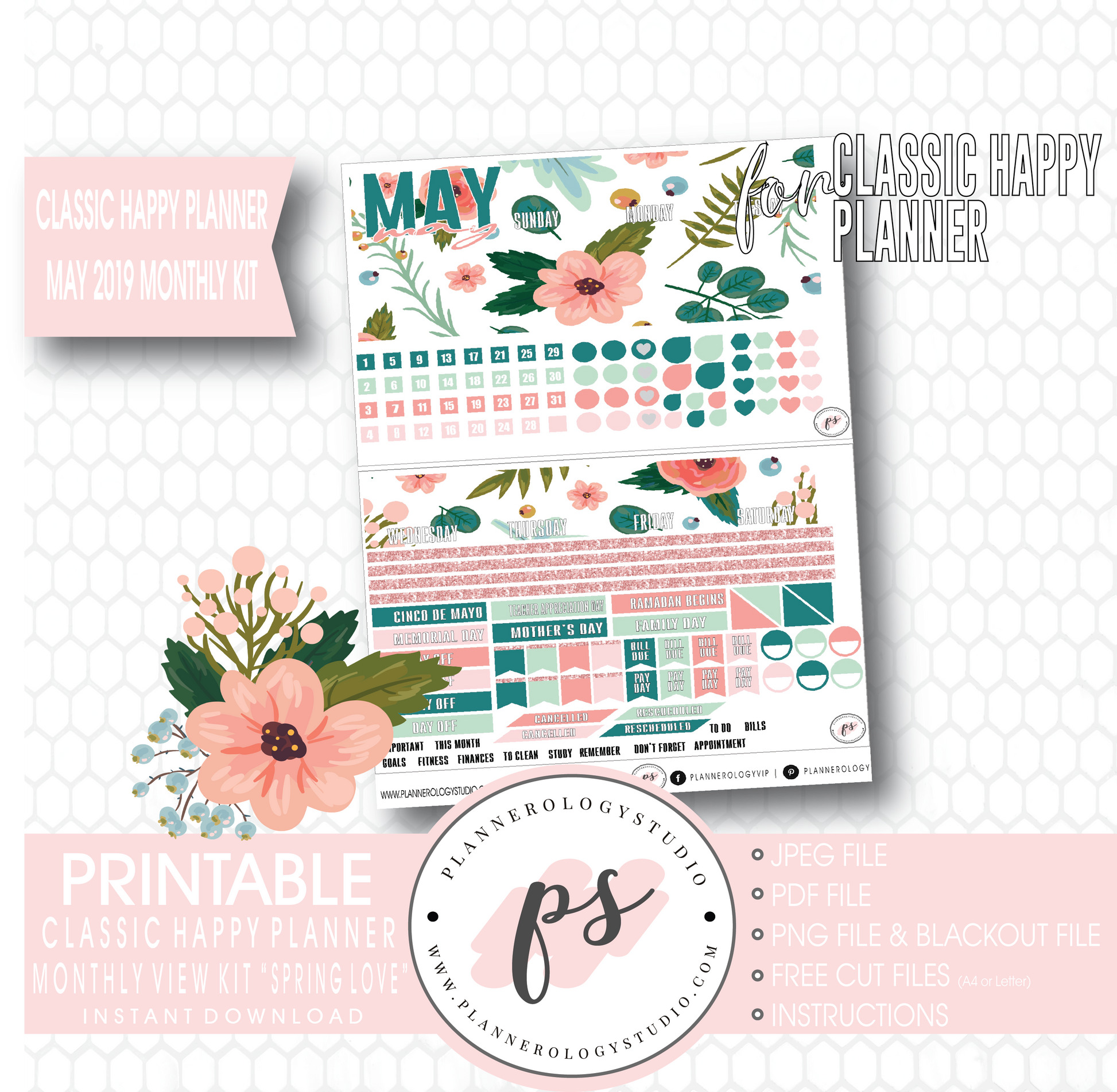 Spring Love May 2019 Monthly View Kit Digital Printable Planner Stickers (for use with Classic Happy Planner) - Plannerologystudio