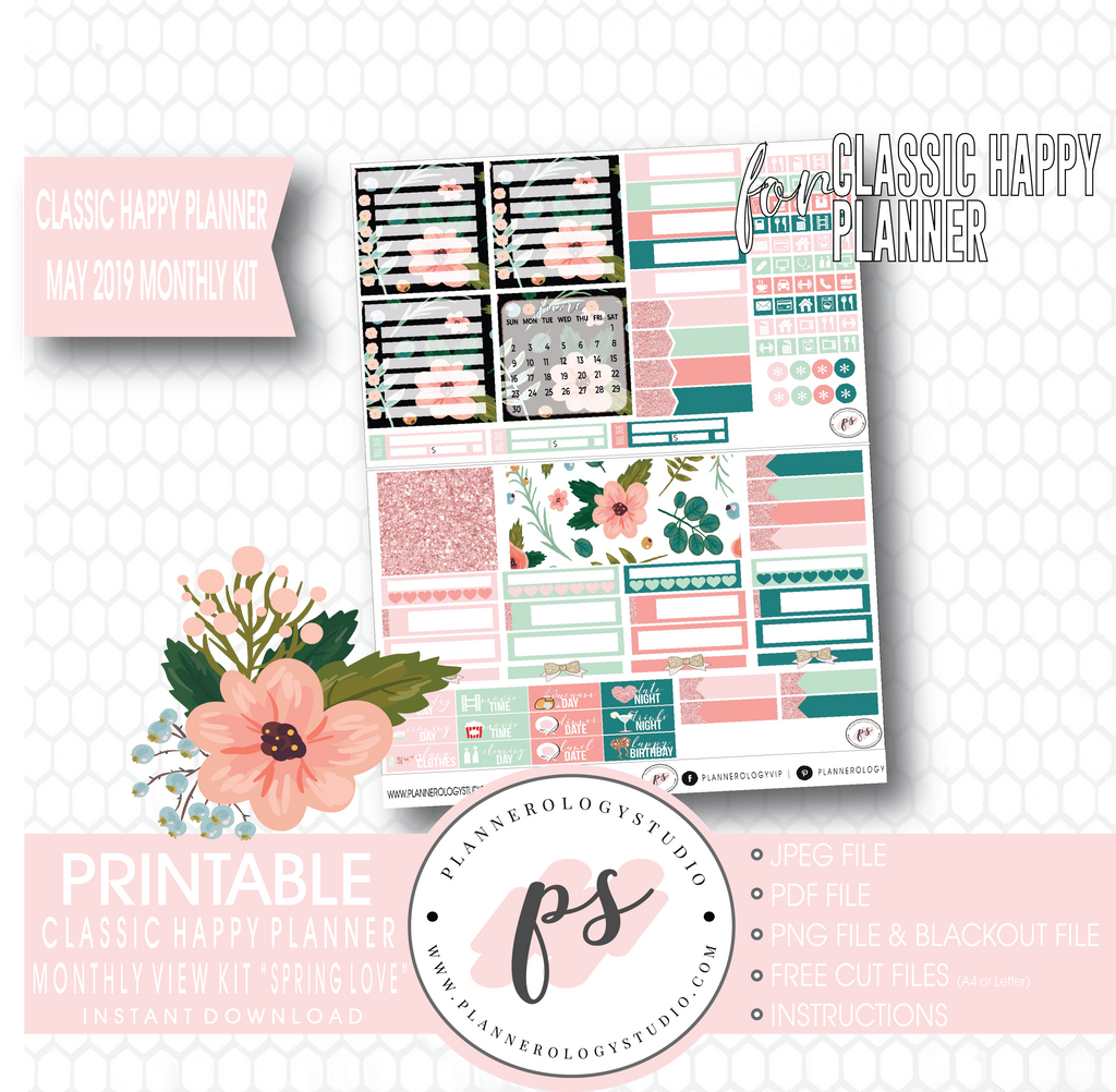 Spring Love May 2019 Monthly View Kit Digital Printable Planner Stickers (for use with Classic Happy Planner) - Plannerologystudio