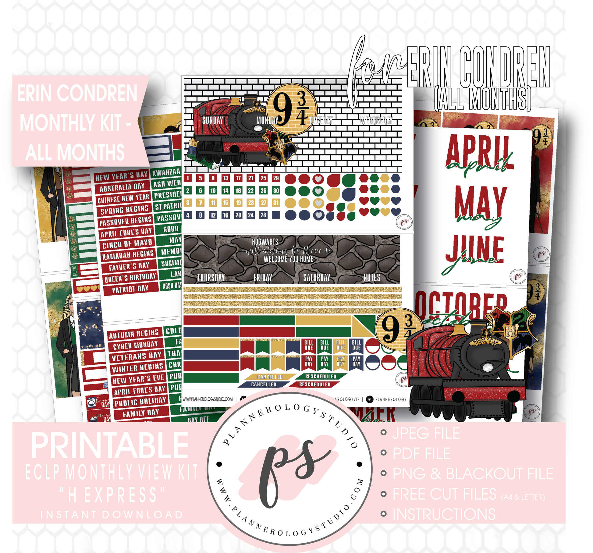 H Express Undated Monthly View Kit (All Months) Digital Printable Planner Stickers (for use with Erin Condren) - Plannerologystudio