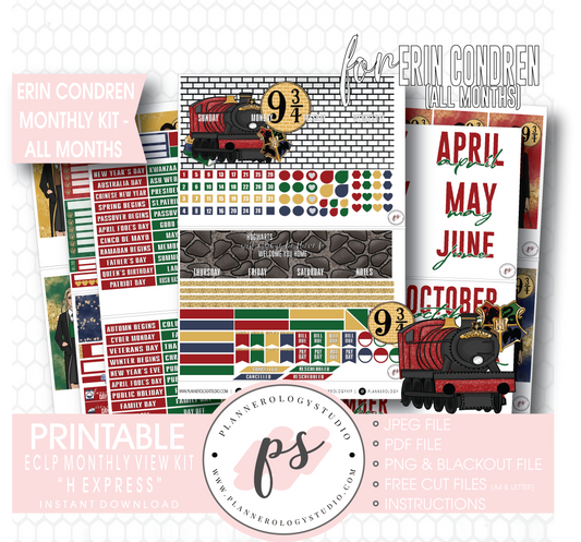 H Express Undated Monthly View Kit (All Months) Digital Printable Planner Stickers (for use with Erin Condren) - Plannerologystudio