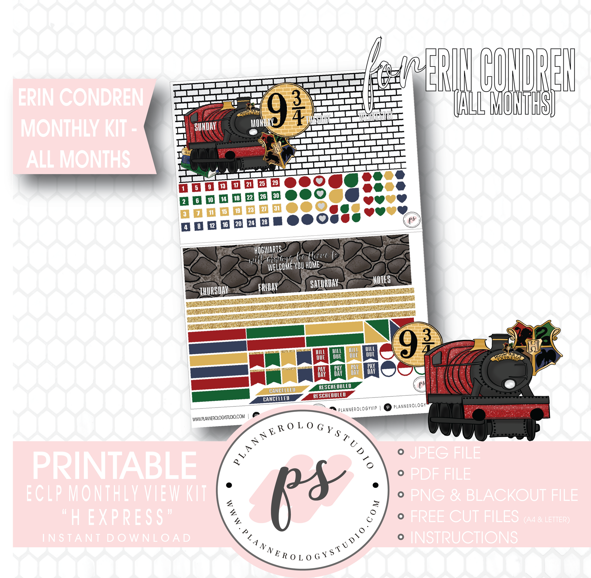 H Express Undated Monthly View Kit (All Months) Digital Printable Planner Stickers (for use with Erin Condren) - Plannerologystudio