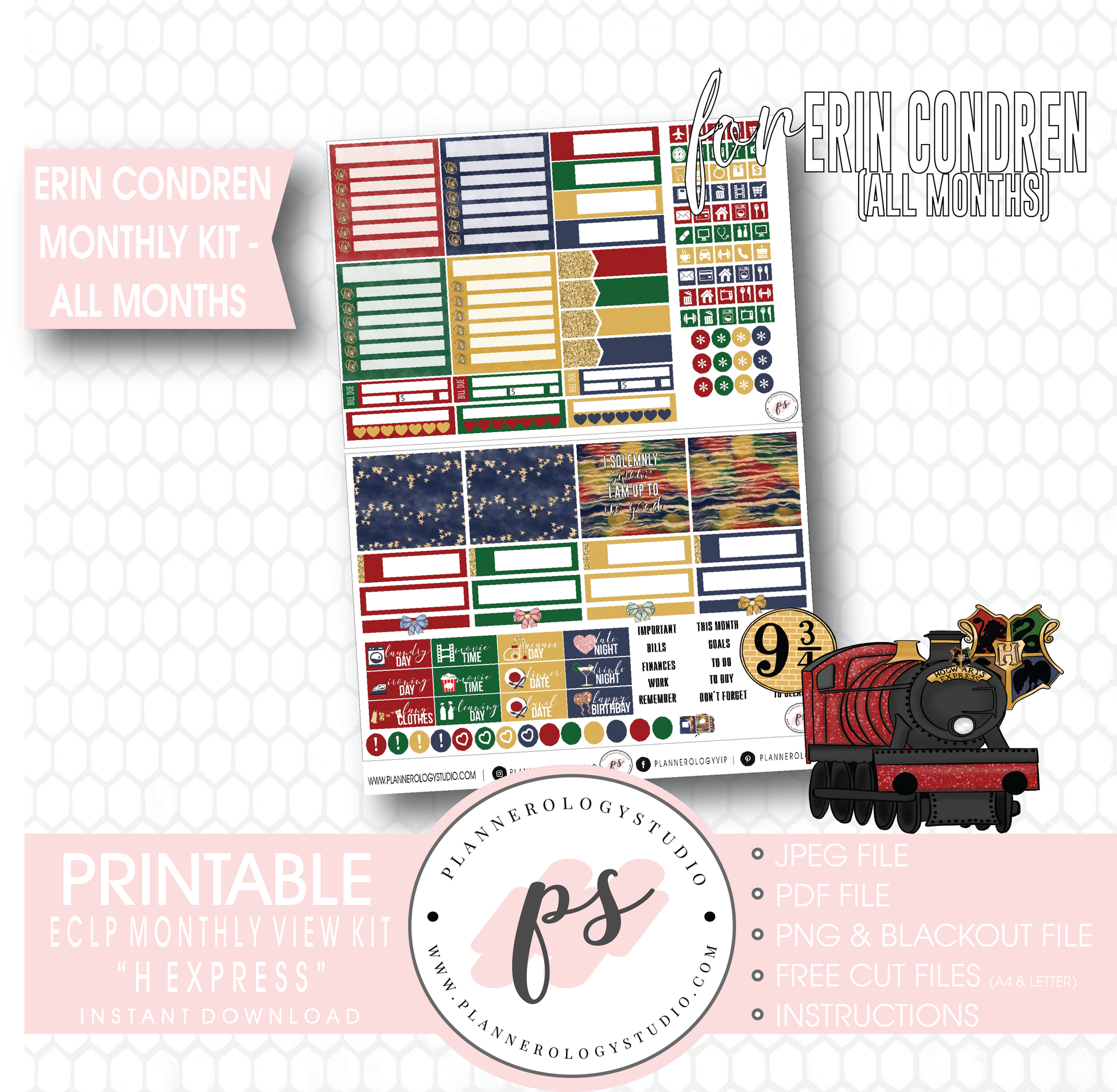 H Express Undated Monthly View Kit (All Months) Digital Printable Planner Stickers (for use with Erin Condren) - Plannerologystudio