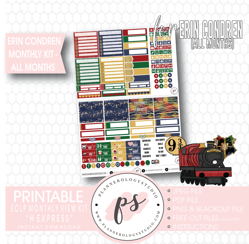H Express Undated Monthly View Kit (All Months) Digital Printable Planner Stickers (for use with Erin Condren) - Plannerologystudio