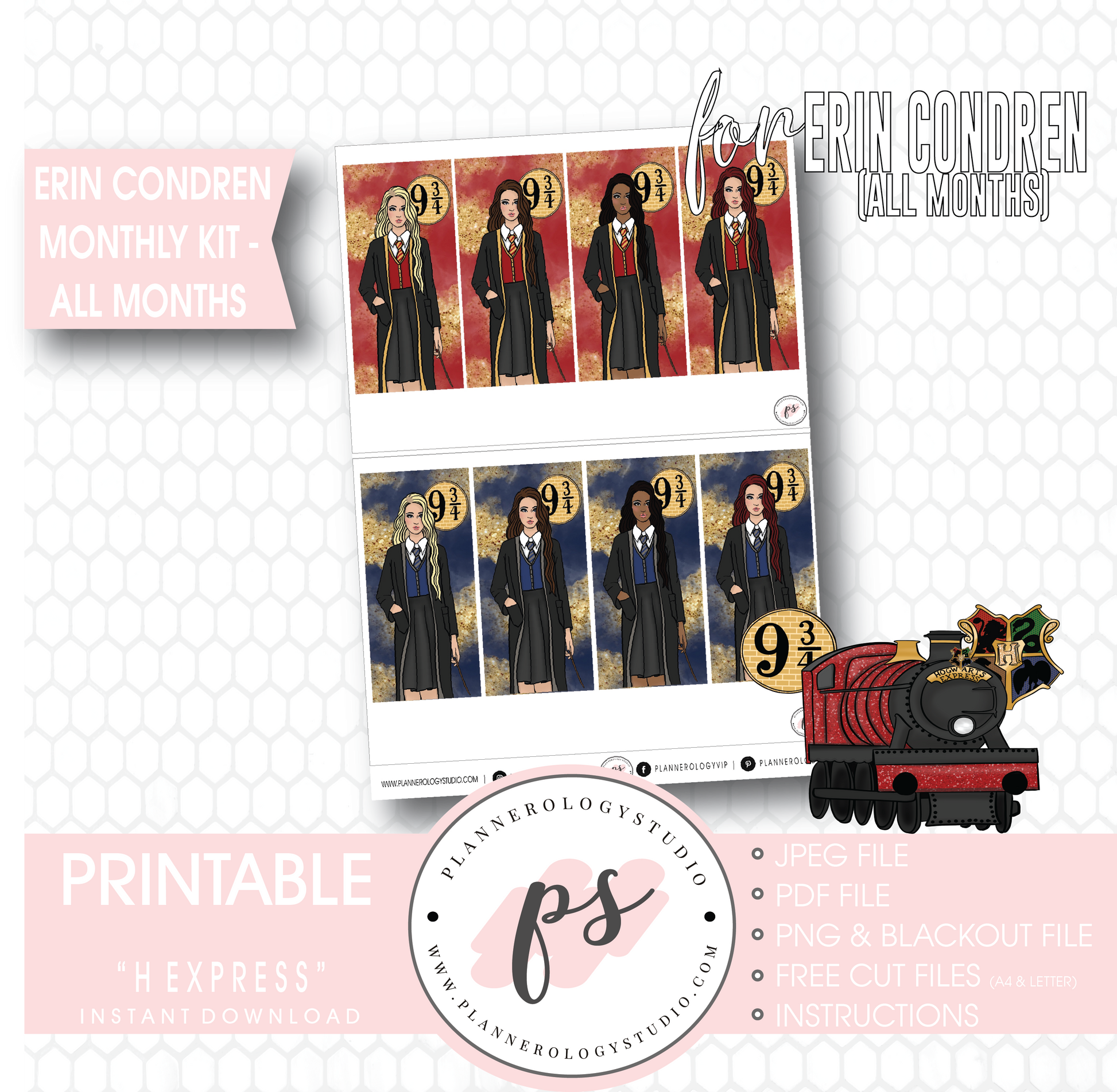 H Express Undated Monthly View Kit (All Months) Digital Printable Planner Stickers (for use with Erin Condren) - Plannerologystudio