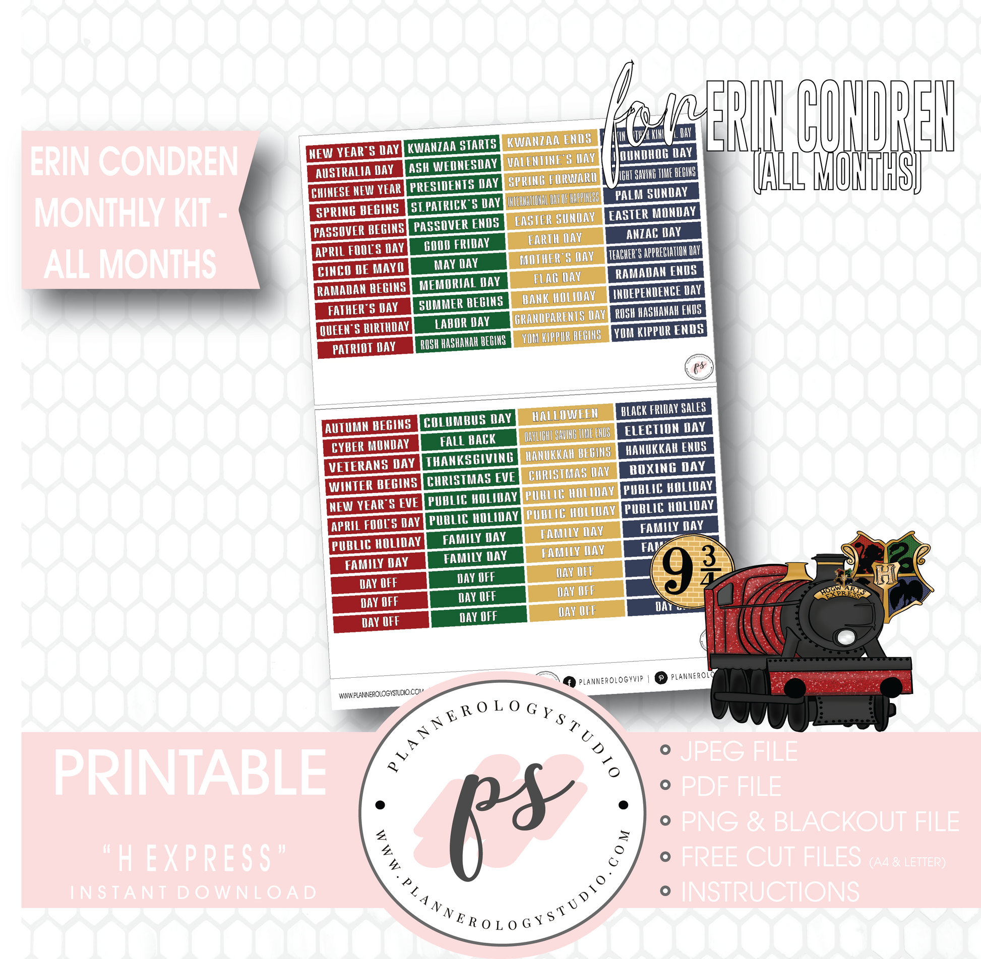 H Express Undated Monthly View Kit (All Months) Digital Printable Planner Stickers (for use with Erin Condren) - Plannerologystudio