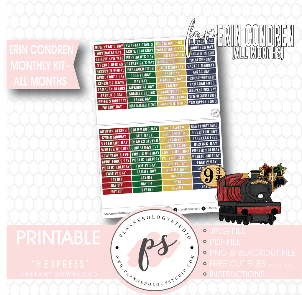 H Express Undated Monthly View Kit (All Months) Digital Printable Planner Stickers (for use with Erin Condren) - Plannerologystudio