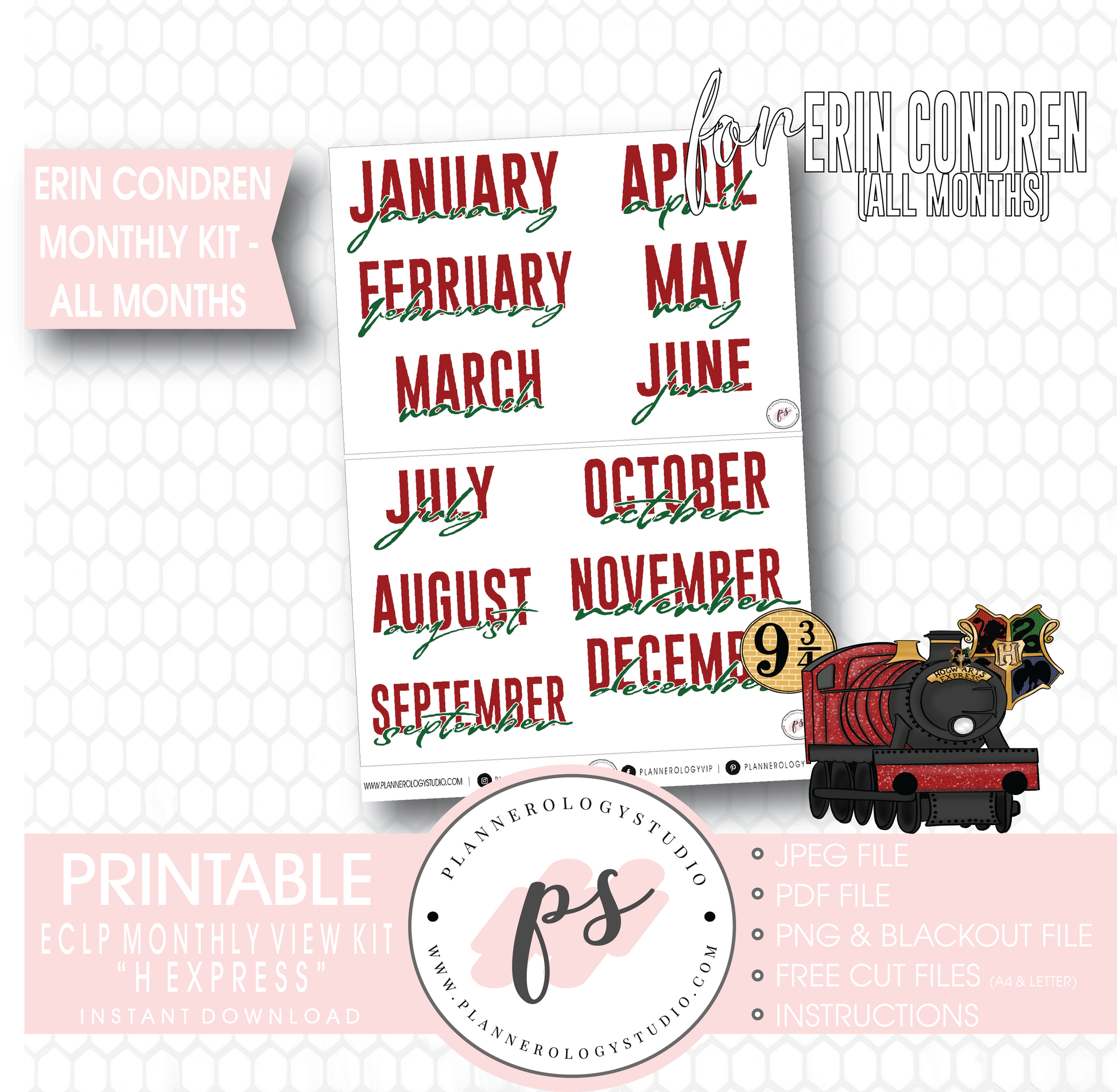 H Express Undated Monthly View Kit (All Months) Digital Printable Planner Stickers (for use with Erin Condren) - Plannerologystudio