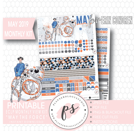 May the Force (Star Wars) May 2019 Monthly View Kit Digital Printable Planner Stickers (for use with Erin Condren) - Plannerologystudio