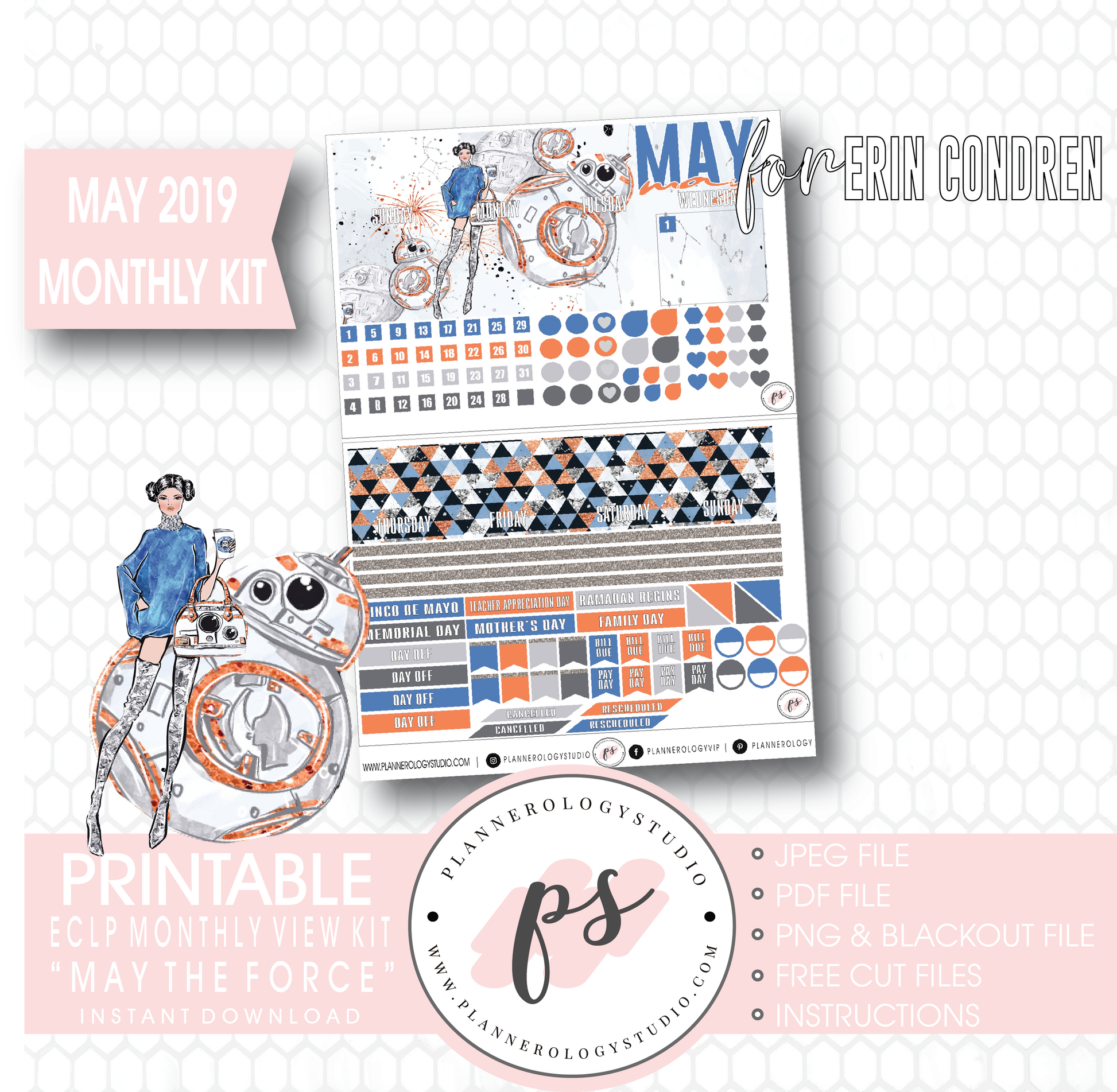 May the Force (Star Wars) May 2019 Monthly View Kit Digital Printable Planner Stickers (for use with Erin Condren) - Plannerologystudio