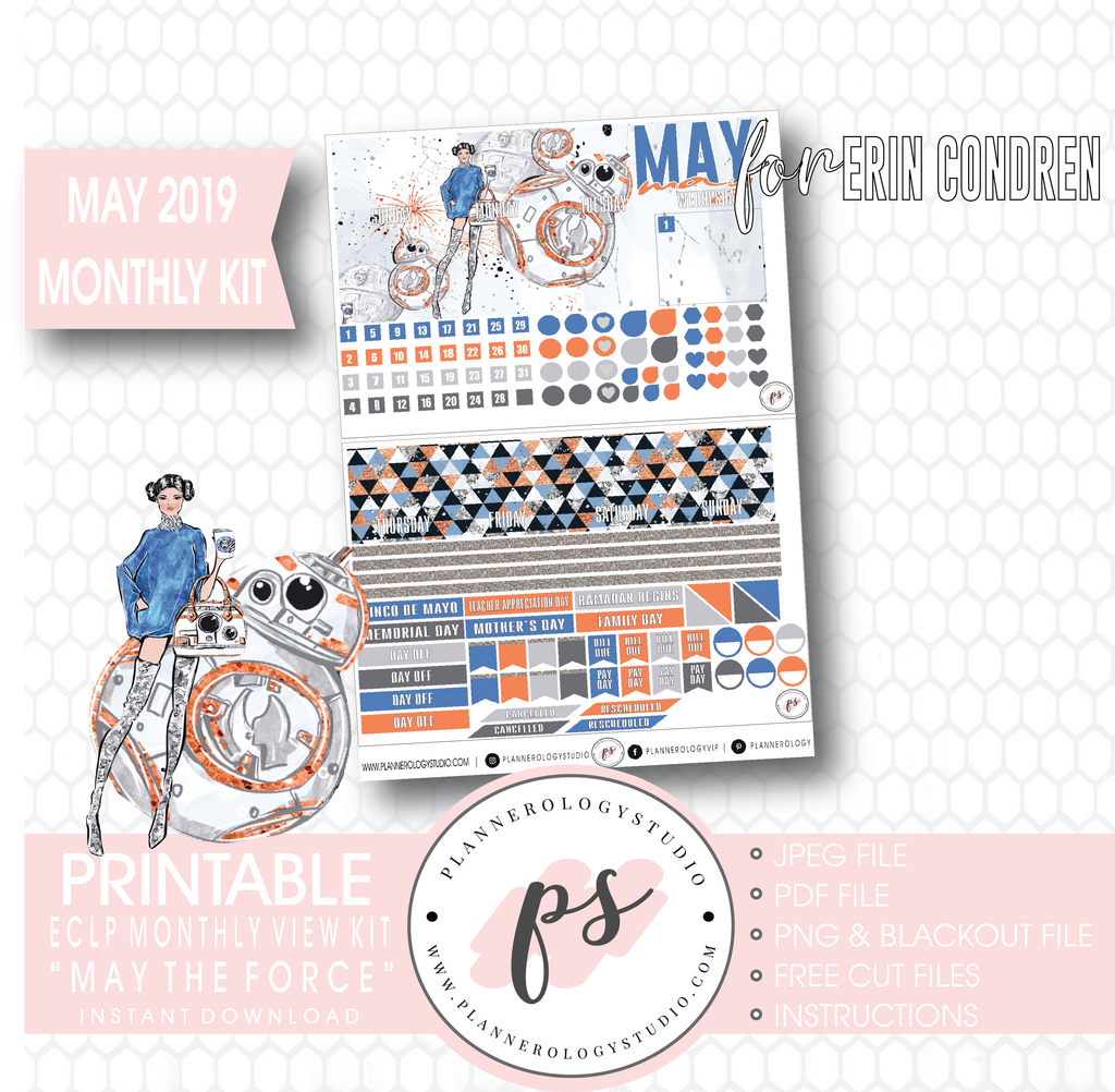 May the Force (Star Wars) May 2019 Monthly View Kit Digital Printable Planner Stickers (for use with Erin Condren) - Plannerologystudio