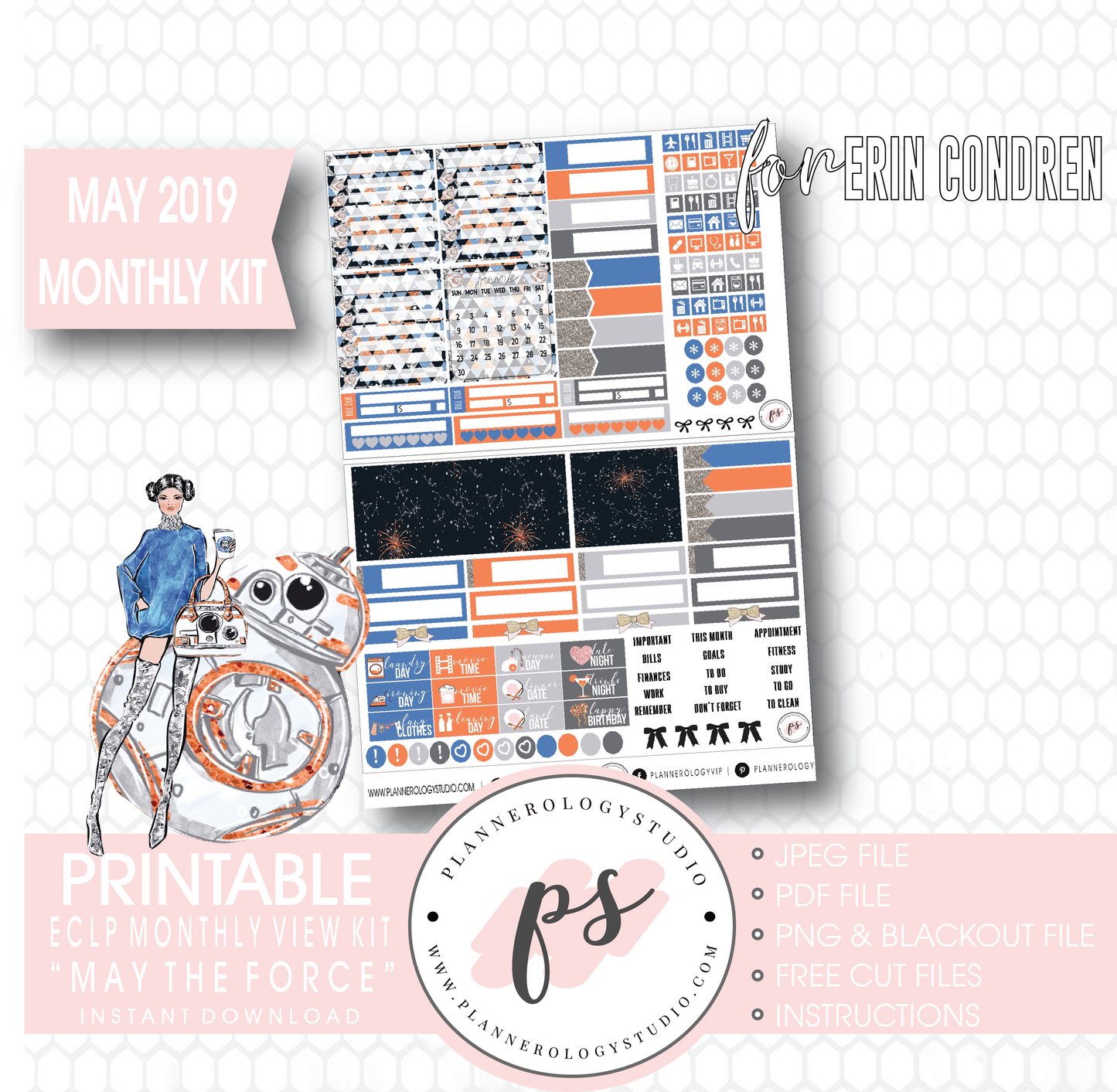May the Force (Star Wars) May 2019 Monthly View Kit Digital Printable Planner Stickers (for use with Erin Condren) - Plannerologystudio