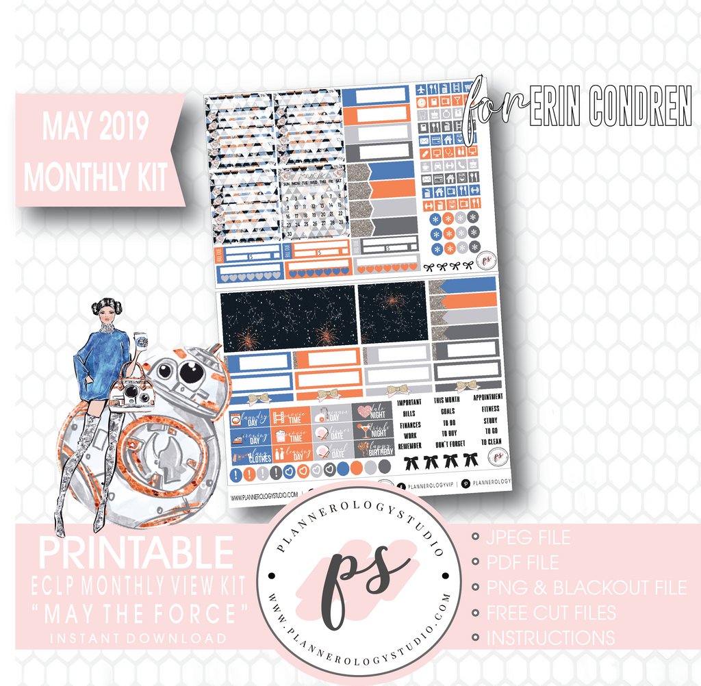 May the Force (Star Wars) May 2019 Monthly View Kit Digital Printable Planner Stickers (for use with Erin Condren) - Plannerologystudio