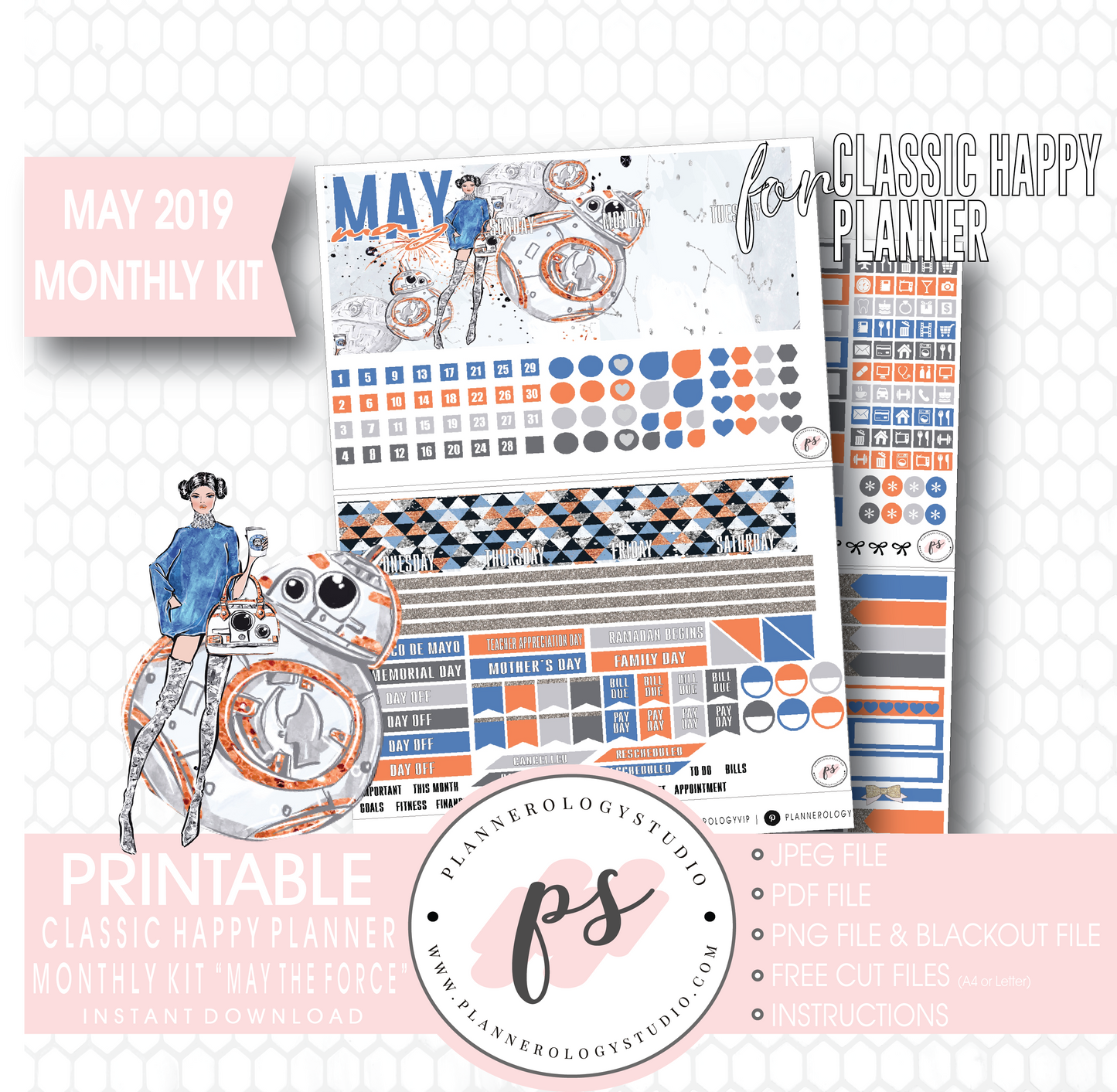 May the Force (Star Wars) May 2019 Monthly View Kit Digital Printable Planner Stickers (for use with Classic Happy Planner) - Plannerologystudio