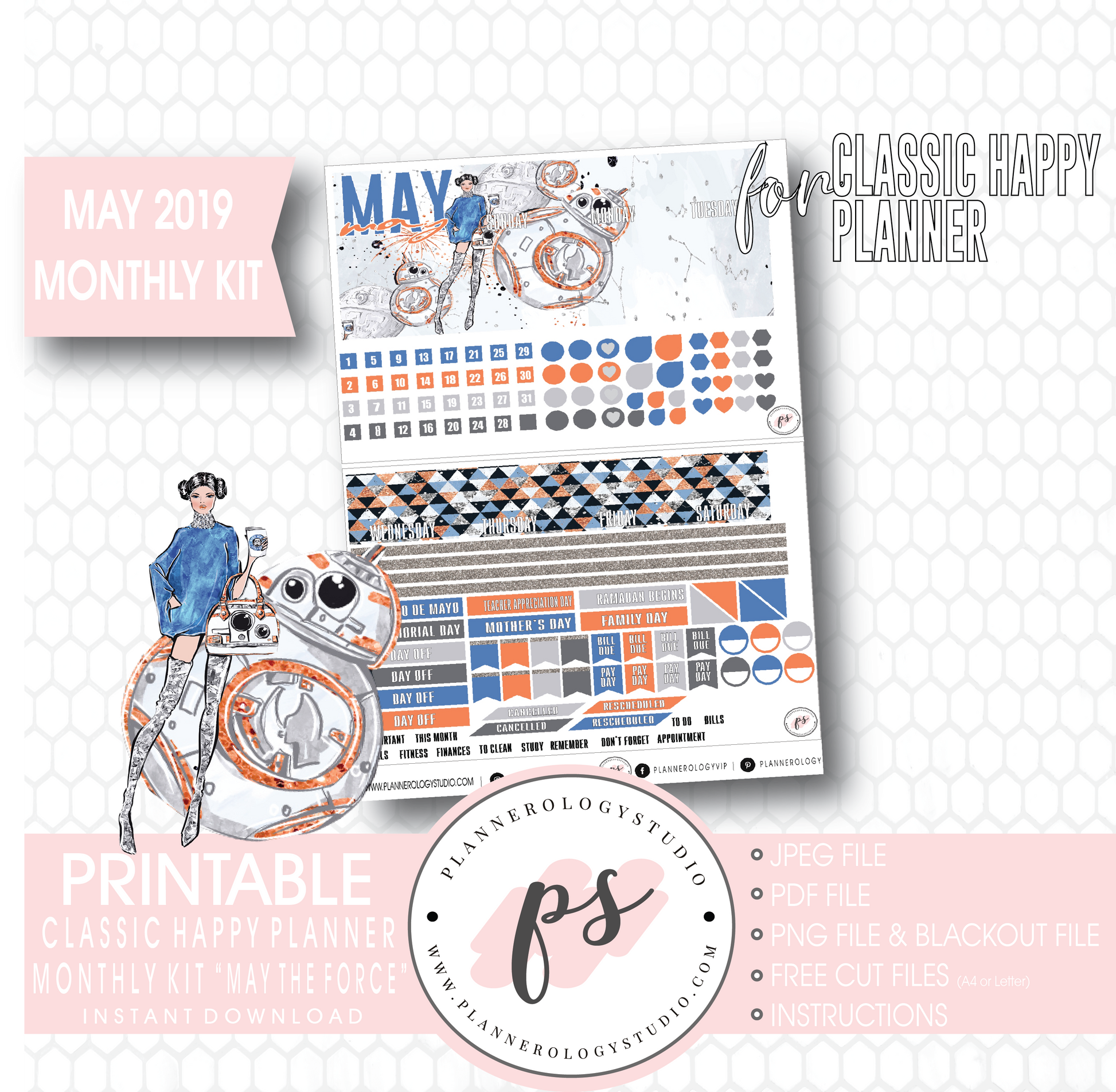 May the Force (Star Wars) May 2019 Monthly View Kit Digital Printable Planner Stickers (for use with Classic Happy Planner) - Plannerologystudio