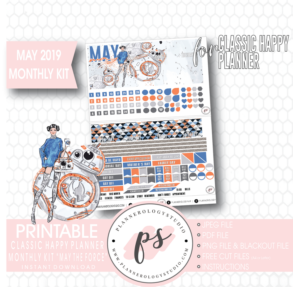 May the Force (Star Wars) May 2019 Monthly View Kit Digital Printable Planner Stickers (for use with Classic Happy Planner) - Plannerologystudio