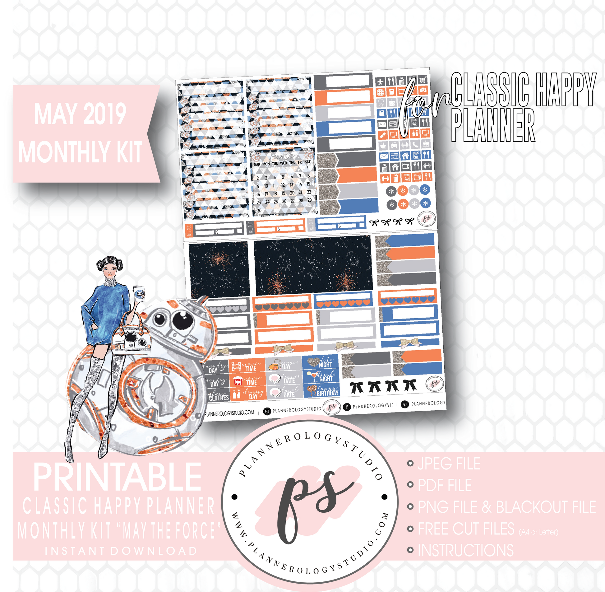 May the Force (Star Wars) May 2019 Monthly View Kit Digital Printable Planner Stickers (for use with Classic Happy Planner) - Plannerologystudio
