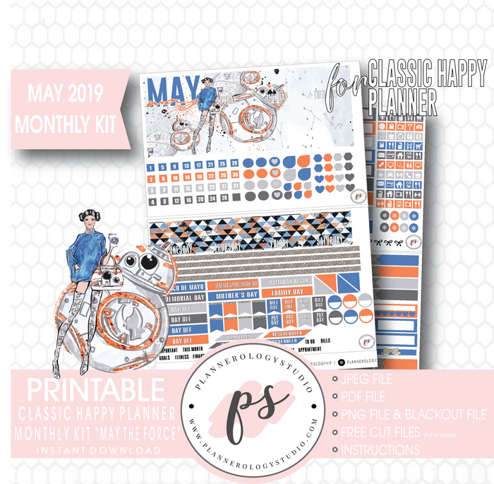May the Force (Star Wars) May 2019 Monthly View Kit Digital Printable Planner Stickers (for use with Classic Happy Planner) - Plannerologystudio