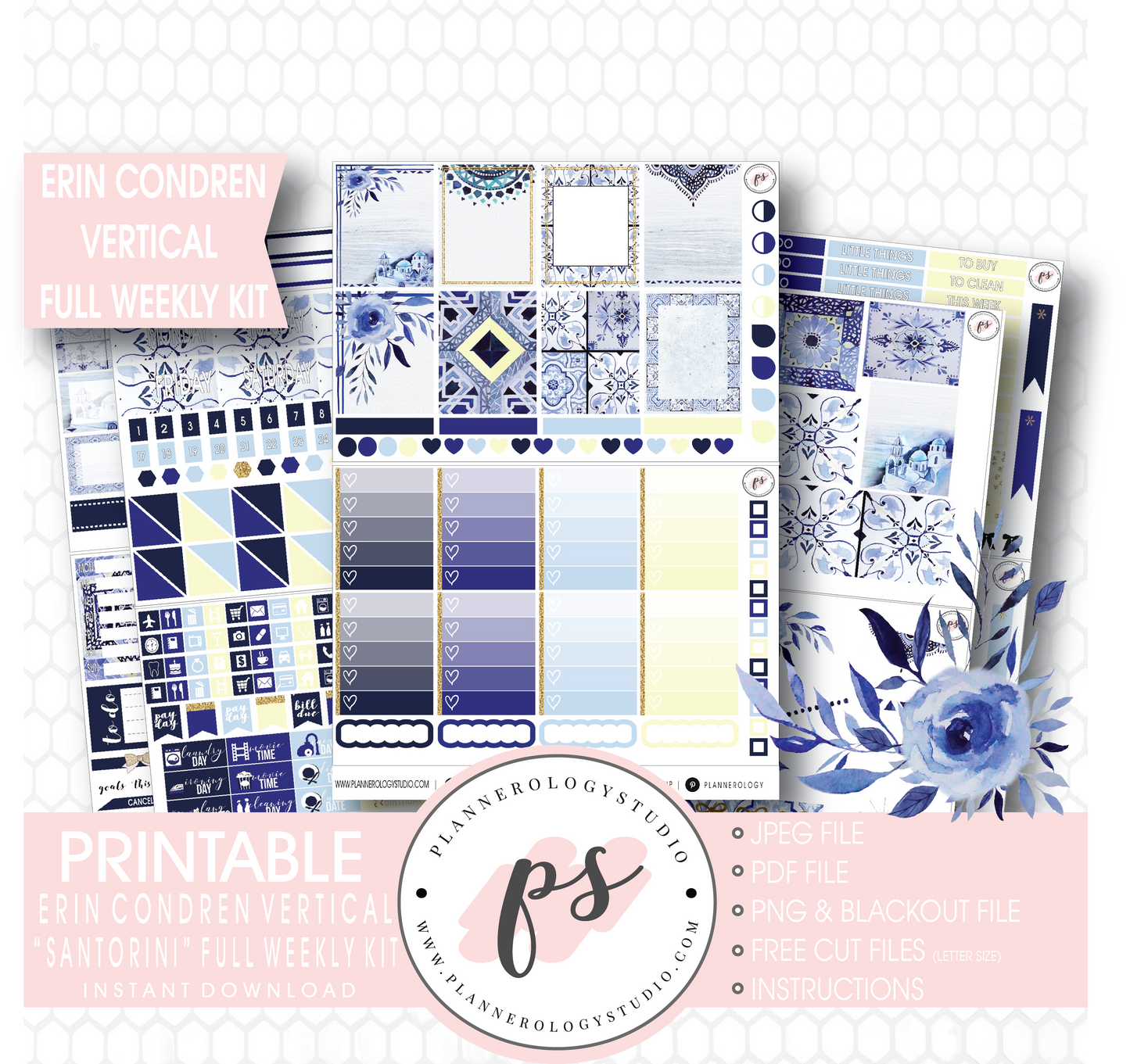Santorini Full Weekly Kit Printable Planner Stickers (for use with Erin Condren Vertical) - Plannerologystudio