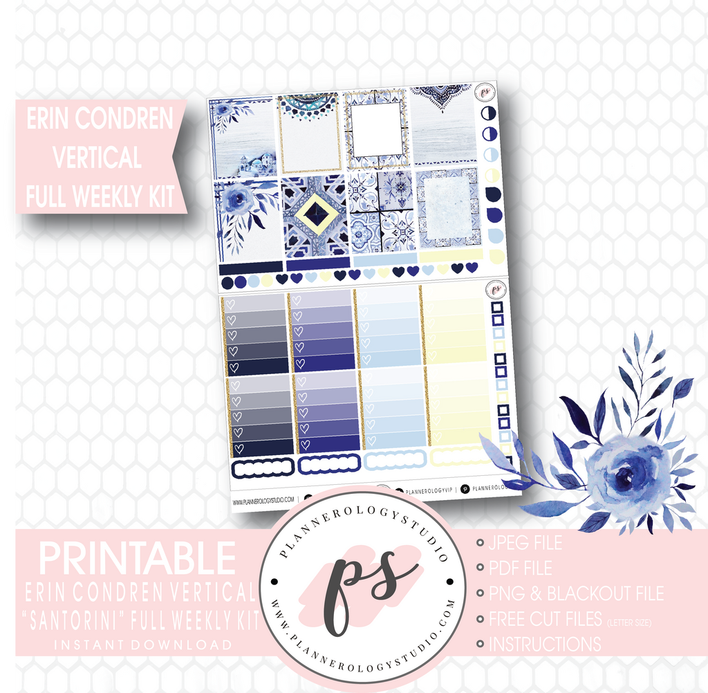 Santorini Full Weekly Kit Printable Planner Stickers (for use with Erin Condren Vertical) - Plannerologystudio