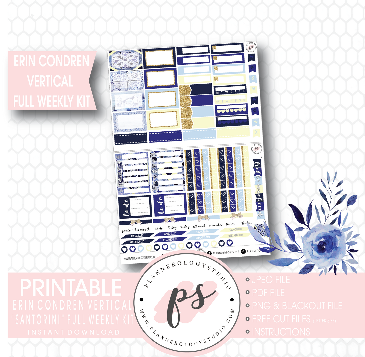 Santorini Full Weekly Kit Printable Planner Stickers (for use with Erin Condren Vertical) - Plannerologystudio