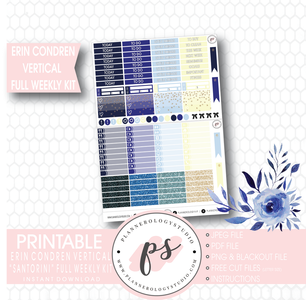 Santorini Full Weekly Kit Printable Planner Stickers (for use with Erin Condren Vertical) - Plannerologystudio