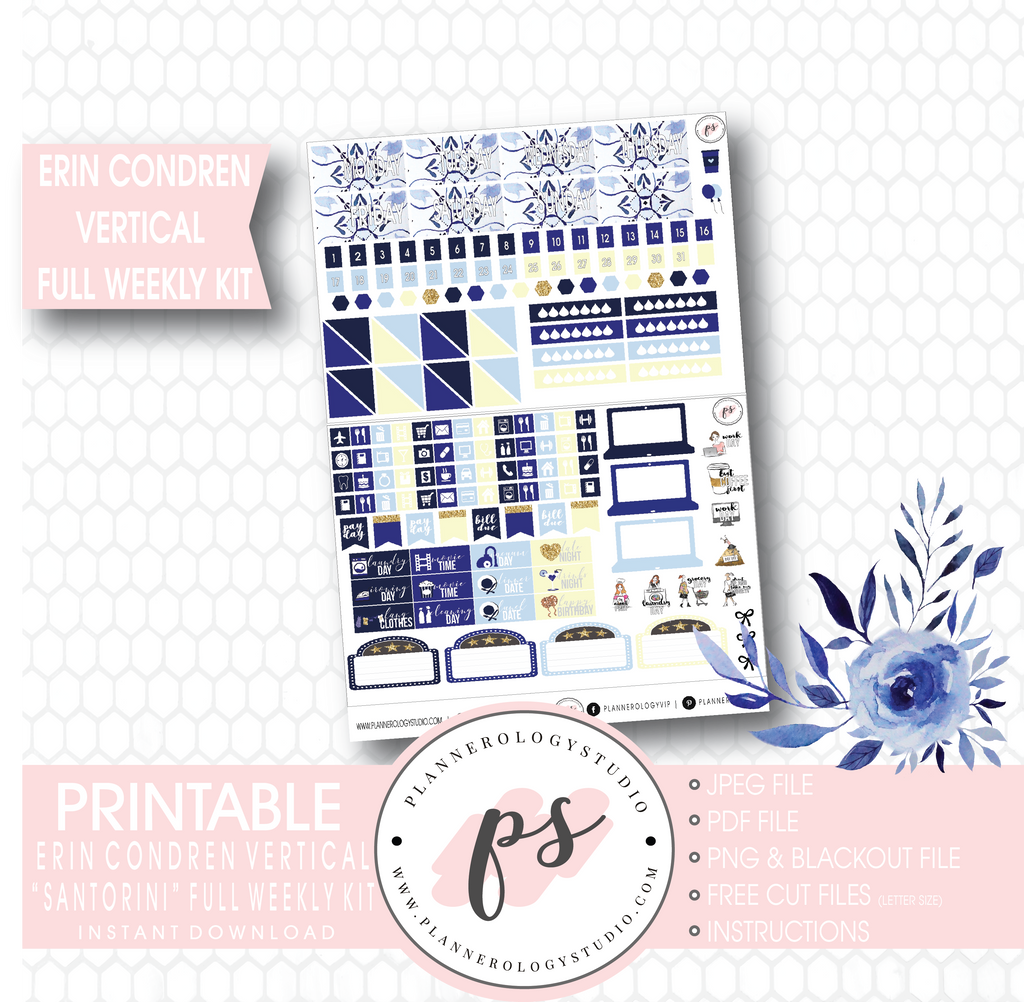 Santorini Full Weekly Kit Printable Planner Stickers (for use with Erin Condren Vertical) - Plannerologystudio